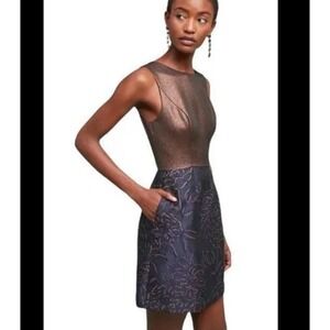 Anthropologie‎ Hutch Lina Metallic Dress Size 6 Sheath Formal Floral Navy Bronze